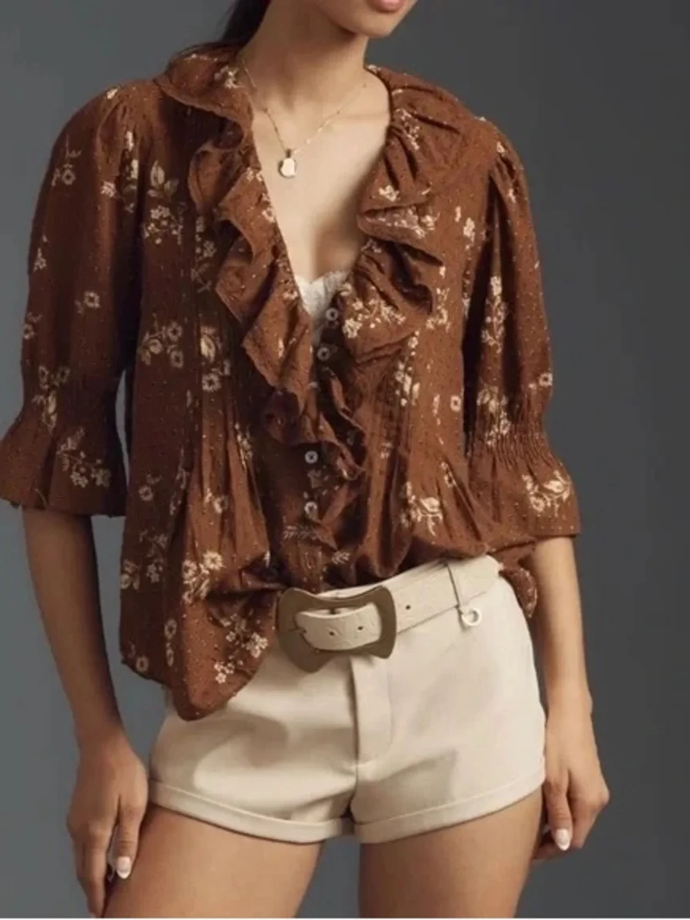 Anthropologie Brown Floral Ruffle Front Blouse